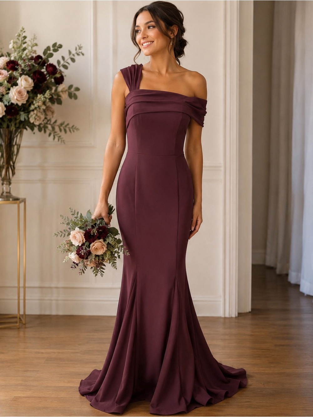 Elegant One-Shoulder Burgundy Mermaid Dress Nicoletta size 4 with stretch